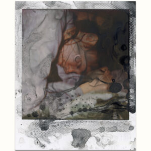 White frame Polaroid Instant Film 600 with chemical deterioration coloured like black ink containing one young women sleeping.