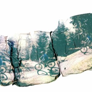 Five emulsion lifts of a mountain biker in the woods